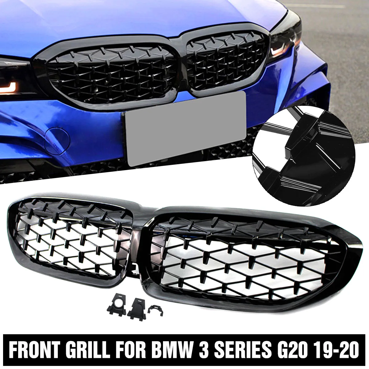 Car Front Bumper Kidney Grill Diamond Gloss Black Racing Grille For Bmw 3 Series G20 G21 2019