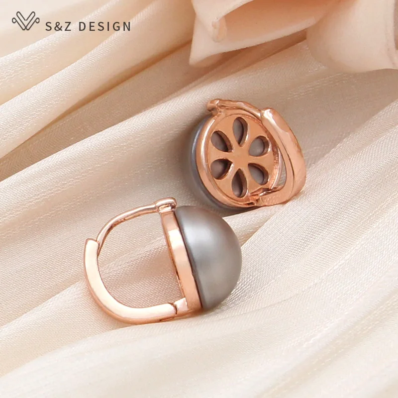 S&Z DESIGN New Fashion Elegant Vintage Round Simulated-pearl Dangle Earrings For Women Jewelry 585 Rose Gold Color Eardrop Gift