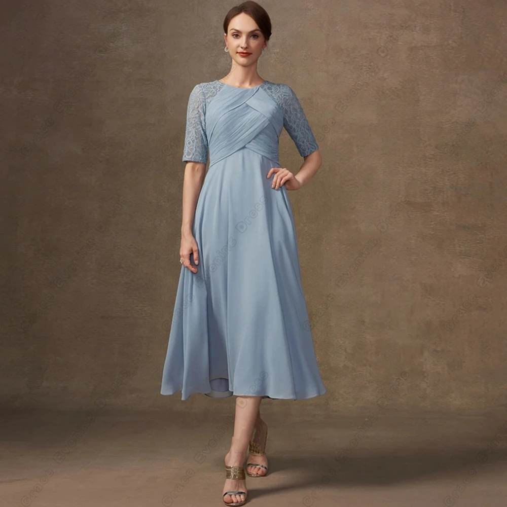 Beach Scoop Mother of Bride Dresses for Women Half Sleeve Elegant Wedding Party Gown with Lace Scoop Muslim Evening Dresses