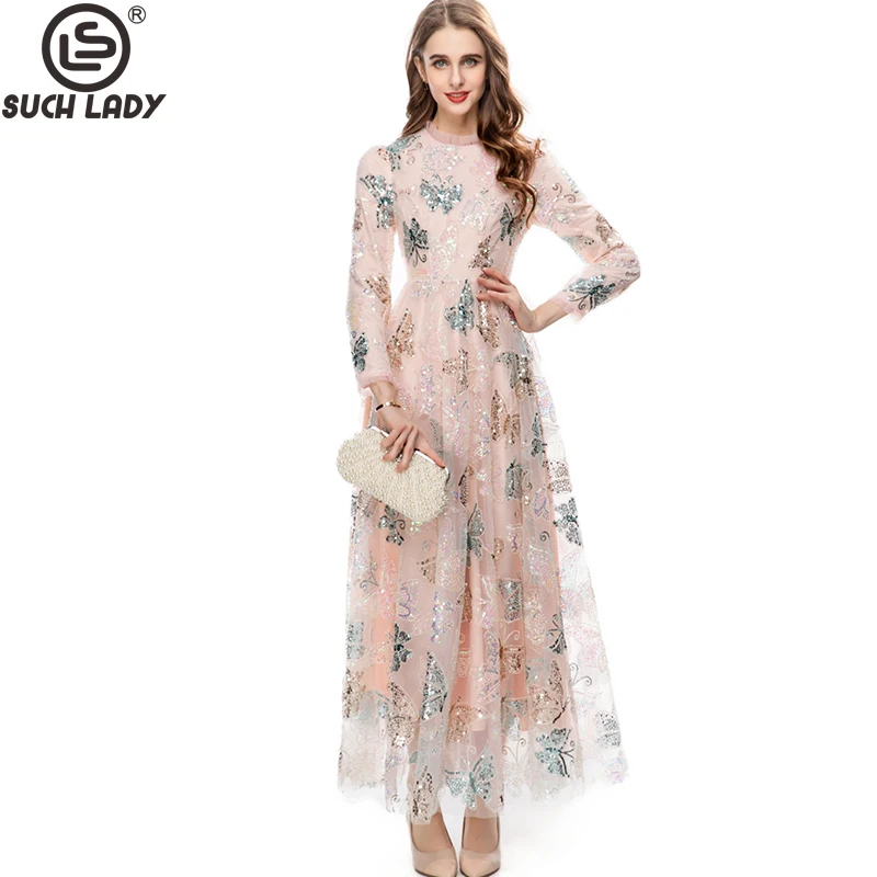 

Women's Runway Dresses Ruffled Collar Long Sleeves Sequined Elegant Maxi Party Prom Gown
