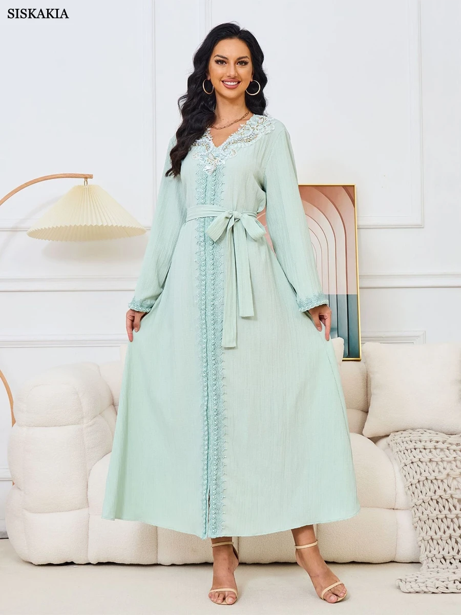 

Siskakia Fashion Slim Fit Beading Diamonds Belted Evening Party Dress Moroccan Saudi Arab Women Clothing African Muslim Abaya