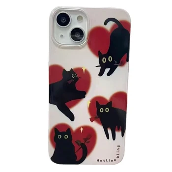 귀여운 만화 검은 고양이 밀 휴대폰 케이스, 아이폰 15, 14, 13, 12, 11 프로 맥스, 미니 8, 7 플러스, XS, XR, 15PRO, 러브 체인 백 커버
