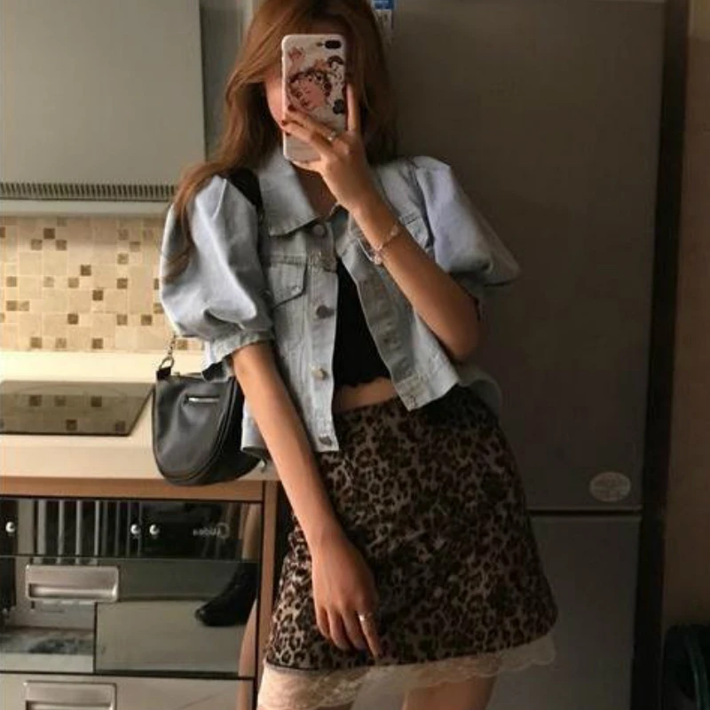 Korean Fashion Denim Jackets Women Crop Tops Vintage Retro Puff Short Sleeve Loose Single Breasted Basic Women S Chic Tunic
