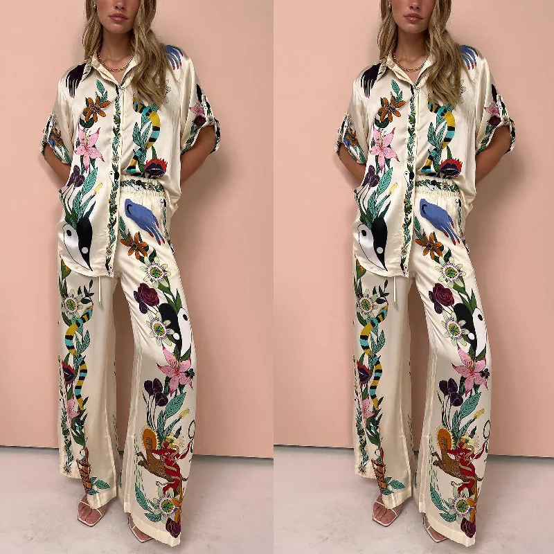 

2024 Spring Summer New Women's Clothing Graffiti Printing Satin Short-Sleeved Lapel Shirt Trousers Casual Two-Piece Suit