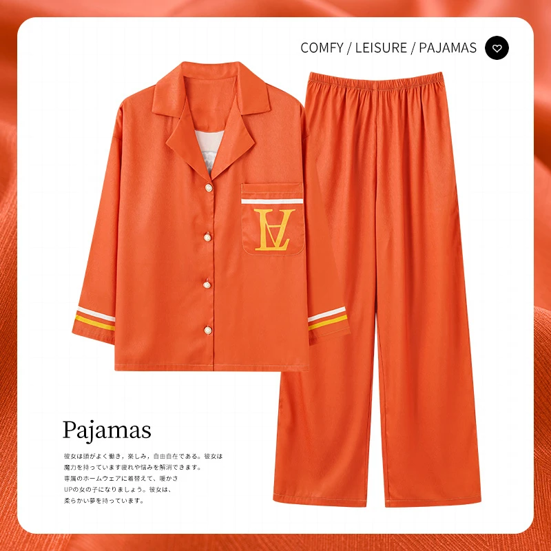 

Letter Print Casual Satin Pajamas Sets Fashion Women Novelty Ice Silk Pyjamas Homewear For Sleep