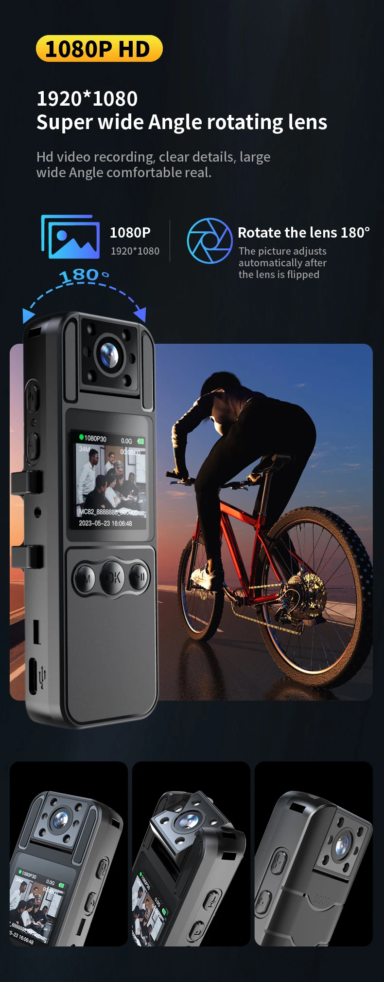 מצלמה עם אודיו וידאו הקלטה 180 ° עדשה מסתובבת, hd 1080p, 6 שעות סוללה