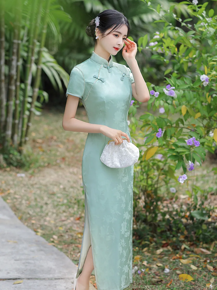 

Elegant Beaded Mandarin Collar Long Style Cheongsam Women Sexy Chinese Traditional Handmade Buttons Short Sleeve Qipao