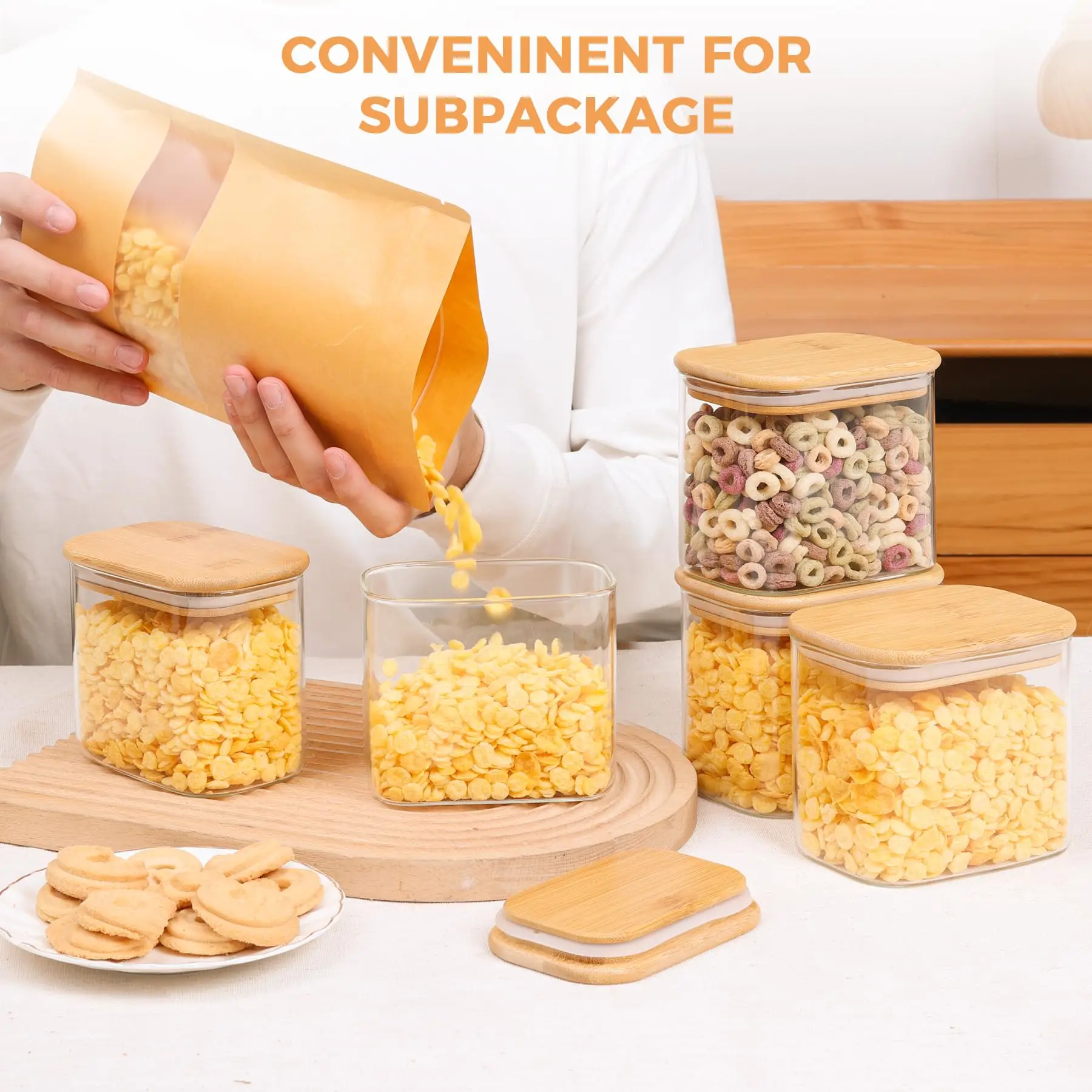Rectangle Clear Storage Jars with Bamboo Lids For Sugar Coffee  Pantry Organizer Container for Pasta Tea Candy Nuts 3