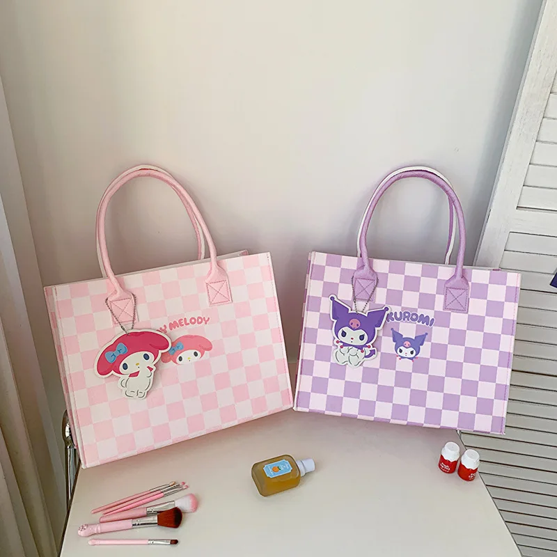 

Sanrio Women's Shoulder Bag Girls Cute Cartoon Plaid Melody Cinnamoroll Kuromi Large Capacity Hundred Tower Out Felt Tote Bag