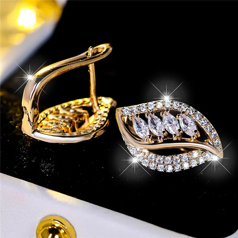 Cute White Zircon Stone Leaf Hoop Earrings For Women Female Gold Color Wedding Jewelry Gift
