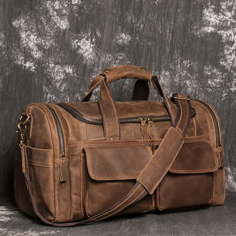 

New Crazy Horse Leather Handheld Luggage Bag Genuine Leather Men's One Shoulder Crossbody Bag Short Distance Travel Bag