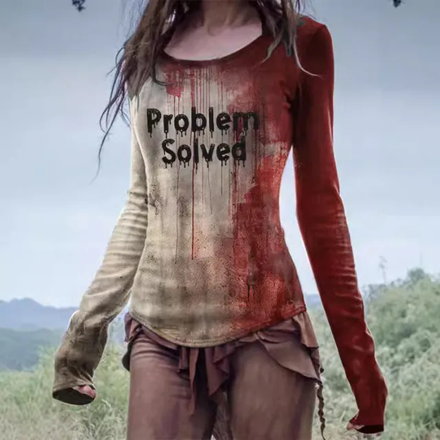 Problem Solved Bloody Fonts T-Shirt Halloween Ladies Printed Long Sleeve Crew Neck T Shirt Top Distressed Slim Party Y2k Clothes 1