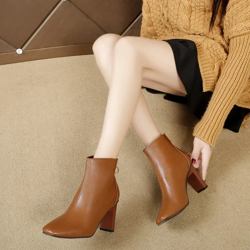 Luxury New Leather Boots for Women Square Toe High Heel Ankle Boots Zipper Short Boots Thick Heel Boots Woman Shoes Ladies