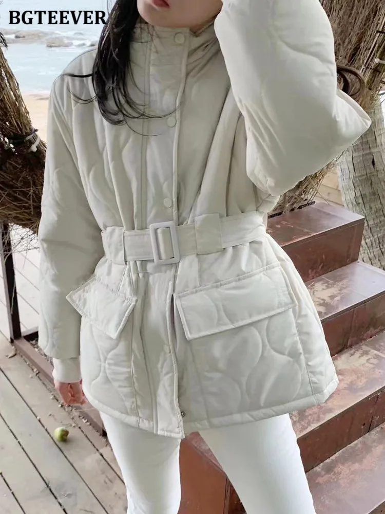 

BGTEEVER Stylish Loose Stand Collar Women Winter Jackets Full Sleeve Belted Single-breasted Warm Parkas Coats Female