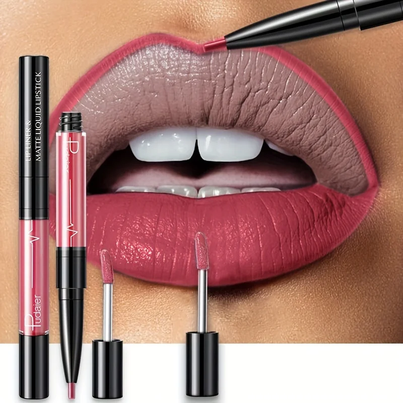 thumbnail image 1 of 1pc Double Ended Lipstick + Lip Liner, Smudge Proof Swivel Stick, Soft Matte Long Lasting Lipstick, 1 of 5