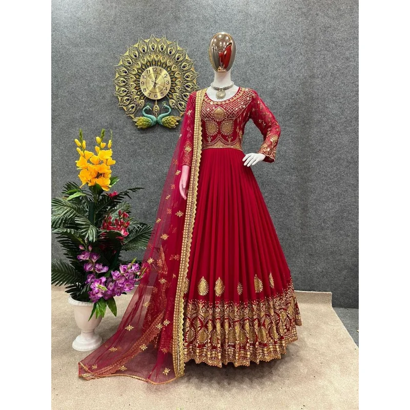 

Red Anarkali Kurta Kurti Dupatta Partywear Gown Flared Kurta