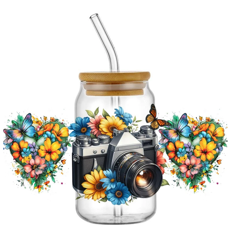 Butterfly flowers Washable Cup Transfer Sticker for 16oz Libbey Glasses DIY Waterproof UV DTF Cup Wrap