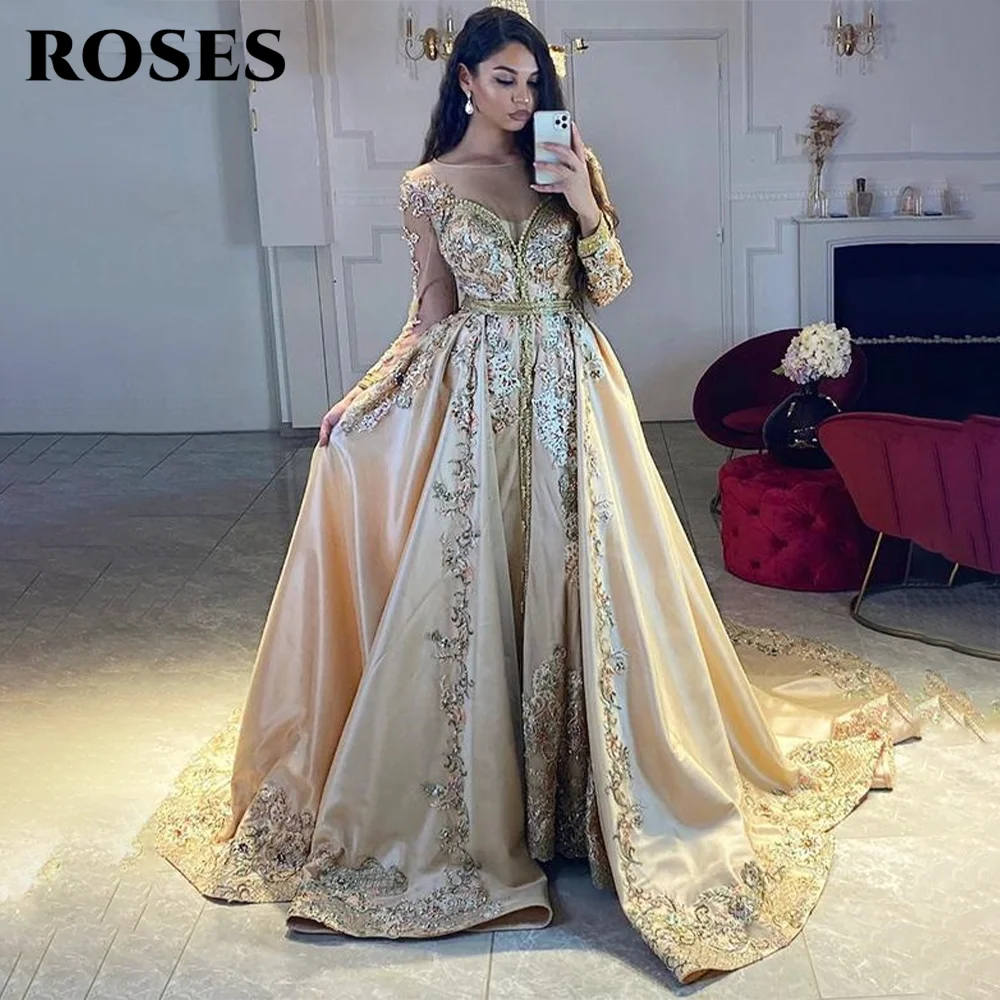 Moroccan Caftan Evening Dress Satin A Line Prom Dress Long Train Elegant Women Formal Party Gown robe de soiree vestido novia