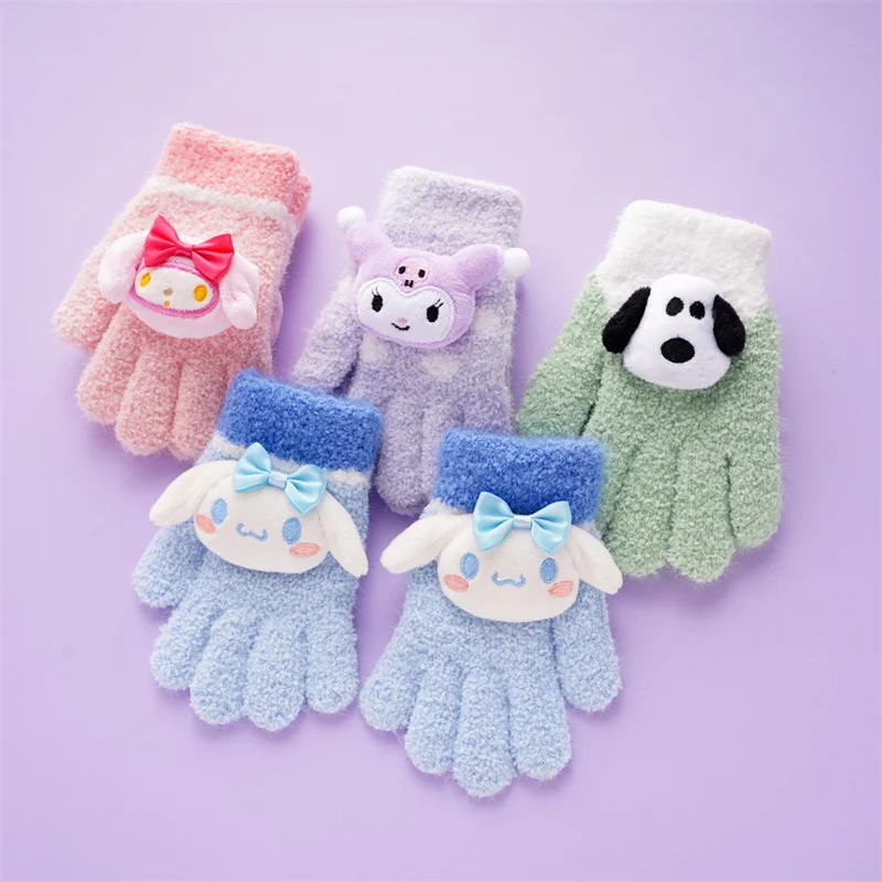 Sanrio Cinnamoroll Childrens Gloves Cute Kuromi My Melody Pochacco Children Thicken Warm Glove Student Five-finger Glove