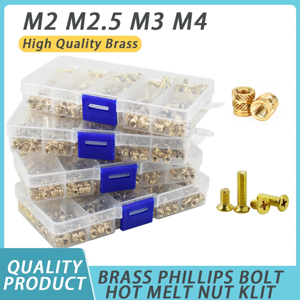 

M2 M2.5 M3 M4 Brass Phillips Cross Countersunk Round Head Threaded Bolts Screws Hot Melt Knurled Injection Insert Nut Set Kit