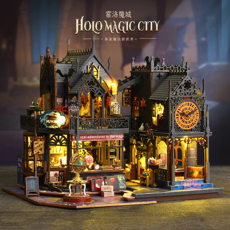 Kit Fai-da-te Halloween Casa Delle Bambole In Legno, Castello Gotico Con LED, Miniature Con Strega E Pipistrelli, Puzzle 3D Per Adulti E Ragazzi