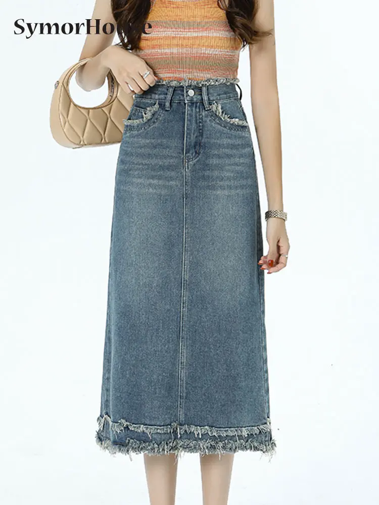 

The Four Seasons Denim Skirt Women Vintage Tassel Wrap -Hips Midi Skirts High Waist Korean Casual Streetwear A-Line Jean Skirt