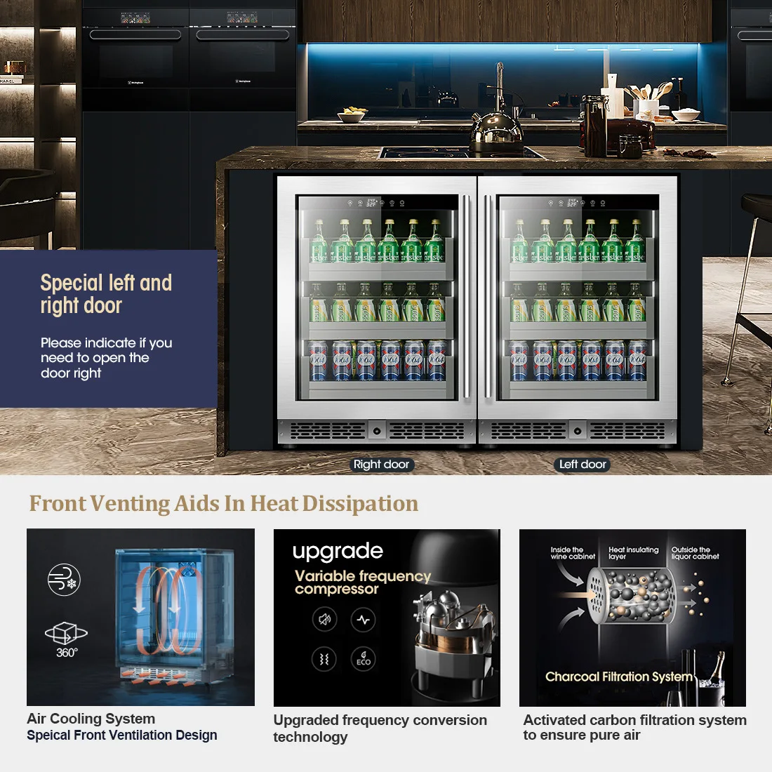 Wine Cooler 140L 3 Layers Variable Frequency Freezer Cabinet Built-in&Freestanding Stainless Steel Wine Fridge