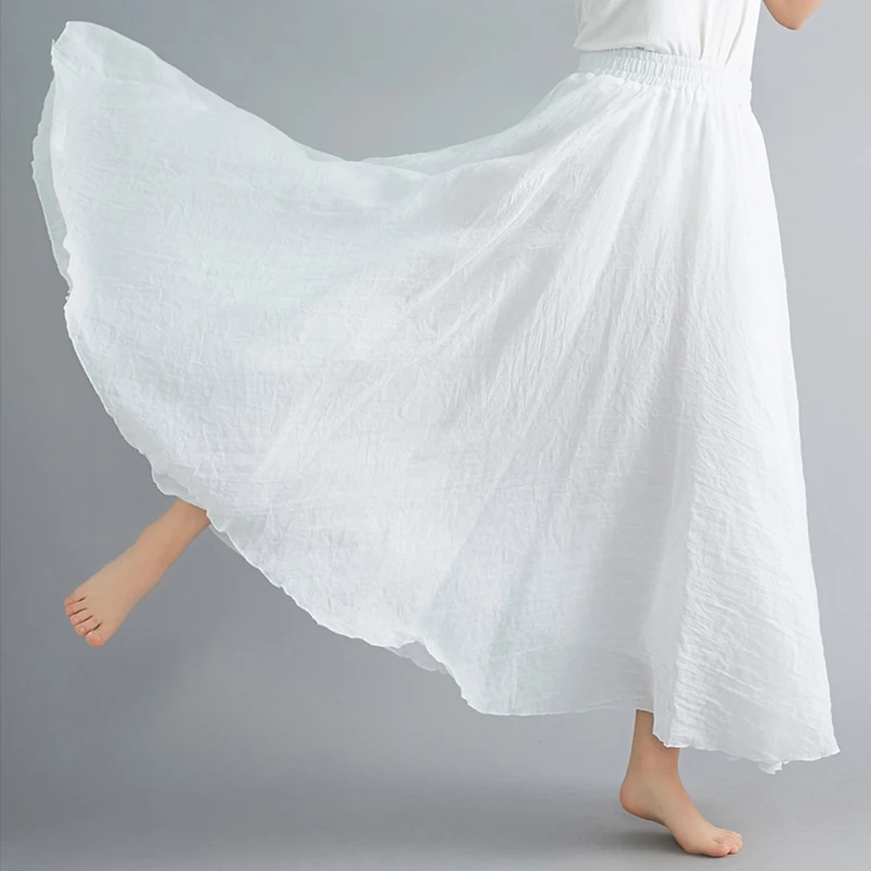 

Women's Elegant High Waist Linen Maxi Skirt 2022 Summer Ladies Casual Elastic Waist 2 Layers Skirts Saia Feminina 14 Colors
