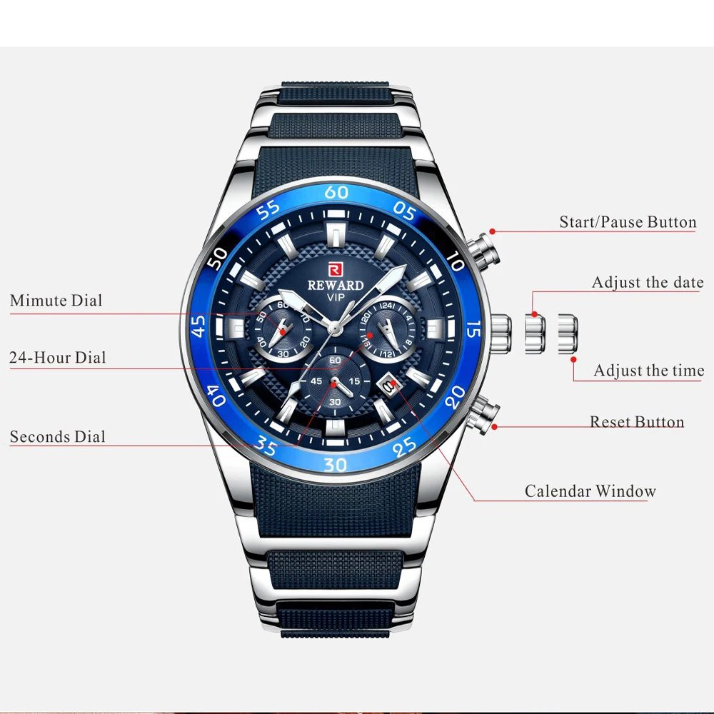 REWARD Big Dial Mens Watches Top Luxury Brand Sport Waterproof Watch Men Chronograph Quartz Clock Automatic Date WristWatches 5