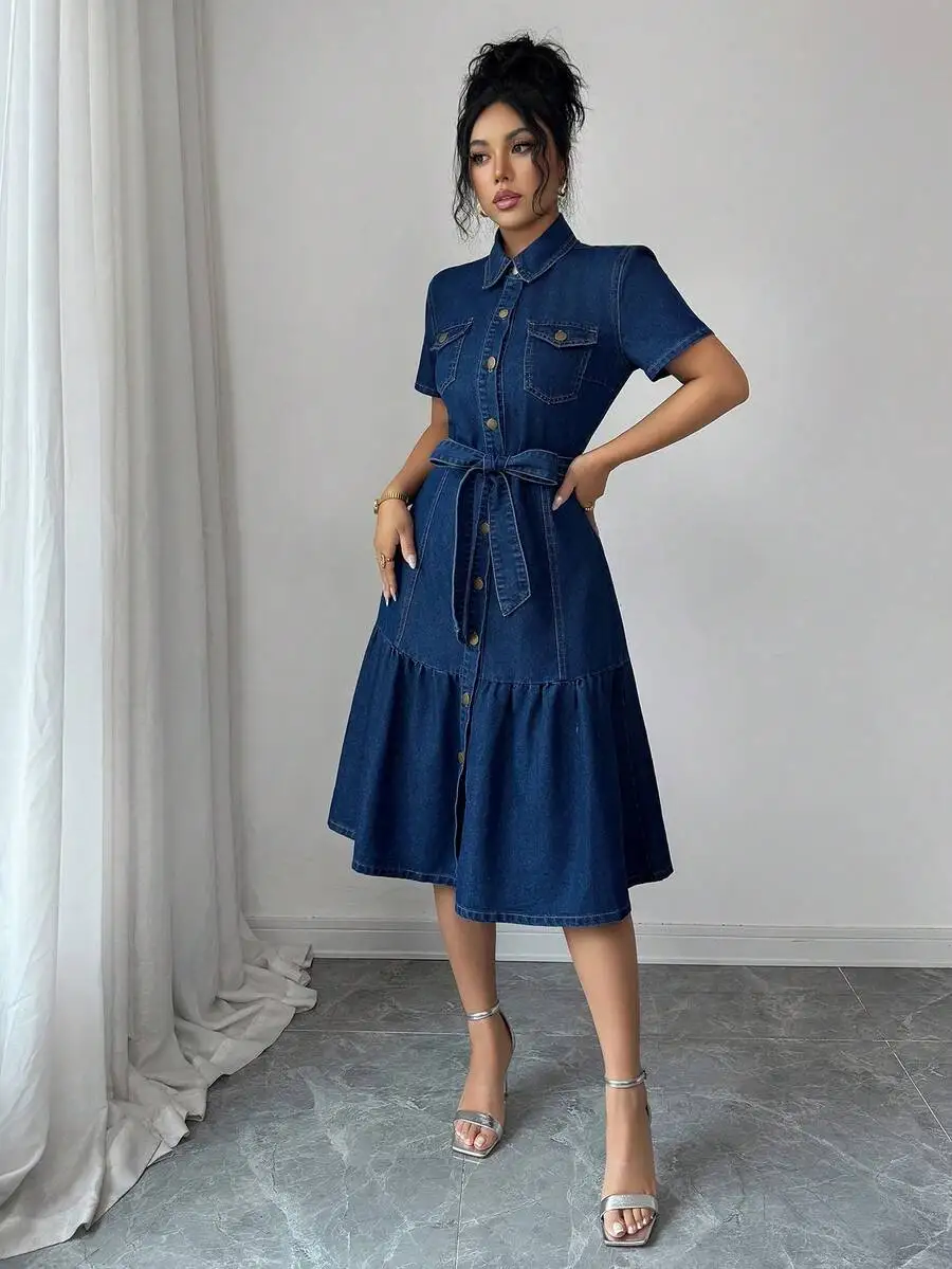 Womens Denim Shirt Dress With Button Front And Belted Waist 6