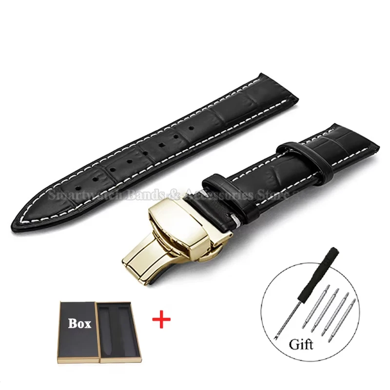 Luxurious Leather Watch Strap with Universal Metal Butterfly Clasp - Multiple Size Options Available