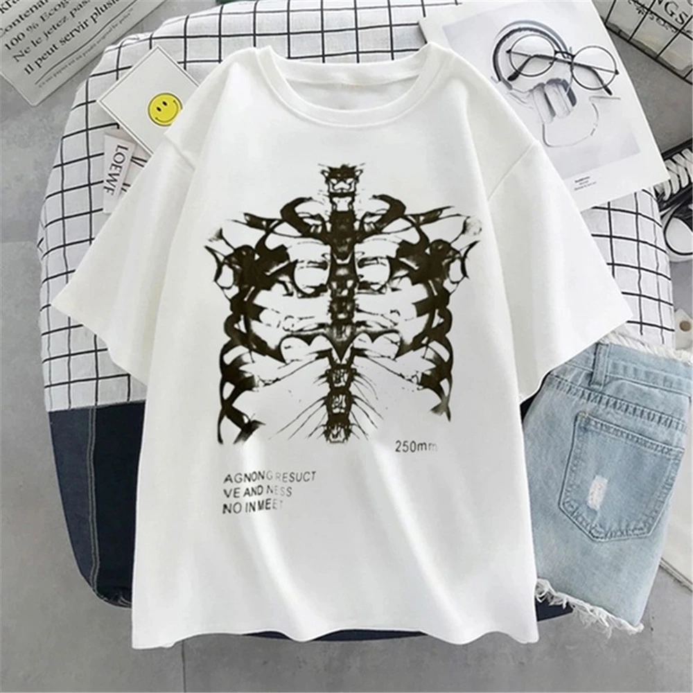 Y2k Harajuku Skeleton Print T-shirts for Oversized Hip Hop Streetwear Women T Shirt Summer Black Goth Clothes Short Sleeve Tees