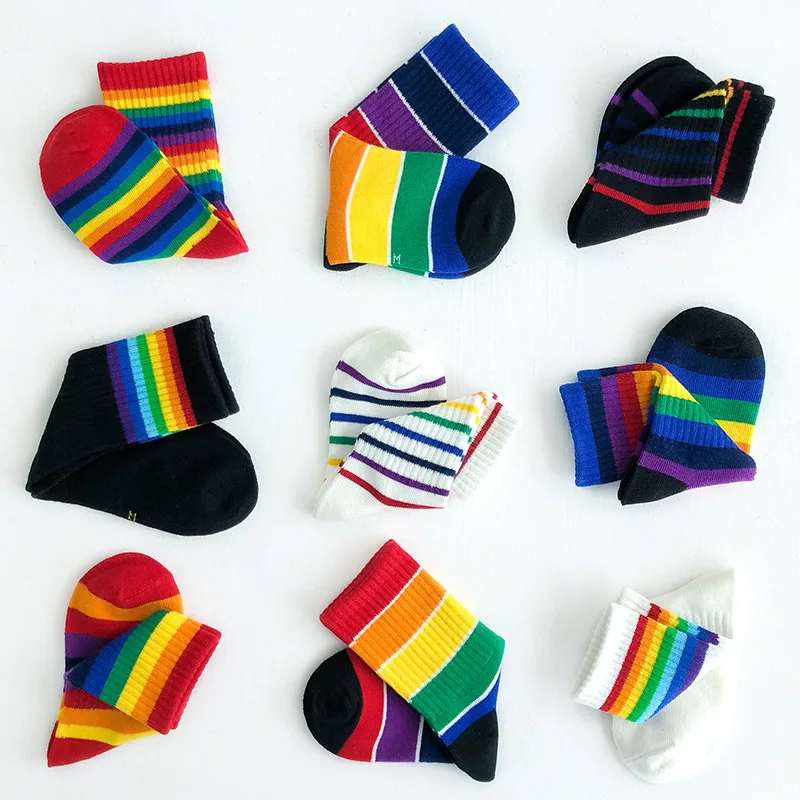 1 Pairs Rainbow Socks for Kids Spring Summer Colourful Stripe Breathable Cotton Girls Boys Tube Socks School Long Socks 1-8 Year 3