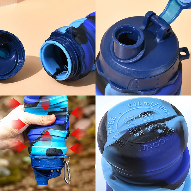 Outdoor Sports Silicone Foldable Water Bottle Camouflage Creative Travel Reusable Leakproof Water Bottle Carabiner water bottle sports water bottle sports bottle