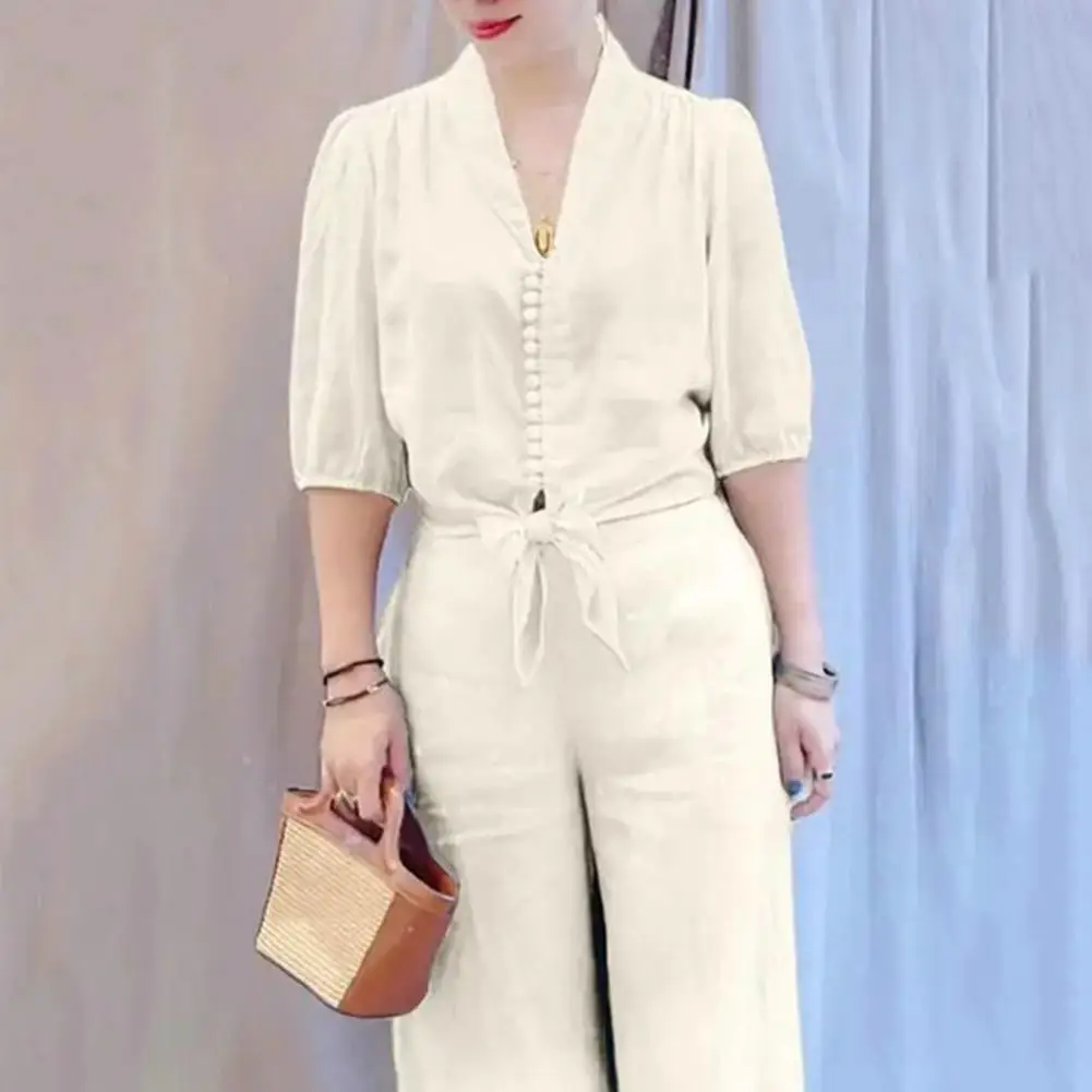 

Spring Summer Fall Two-piece Suit Women Wide-leg Trousers Set Women's Lace-up Knot V Neck Top Wide Leg Pants Set with for Ladies