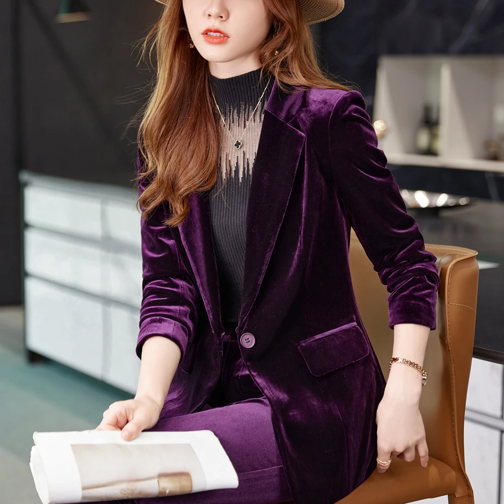 Korean High-Quality Velvet Autumn Winter Formal Ladies Blazer Business Suits with Sets Work Wear Office Uniform Pants Jacket