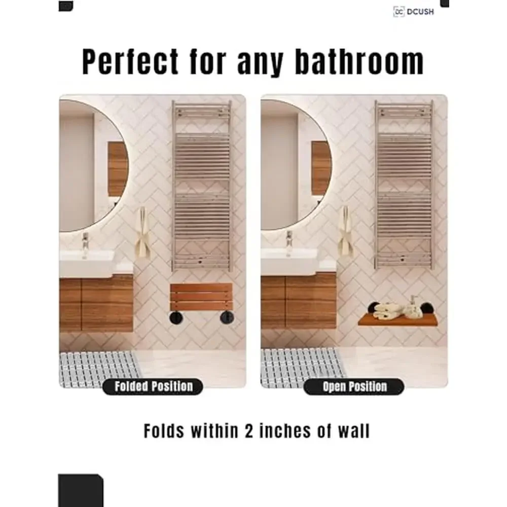 20" Teak Wood Folding Shower Bench Seat Wall Mounted Sauna Hot Tub Entryway RV Garage Fold Down Chair 400lb Capacity Anti-Slip 4