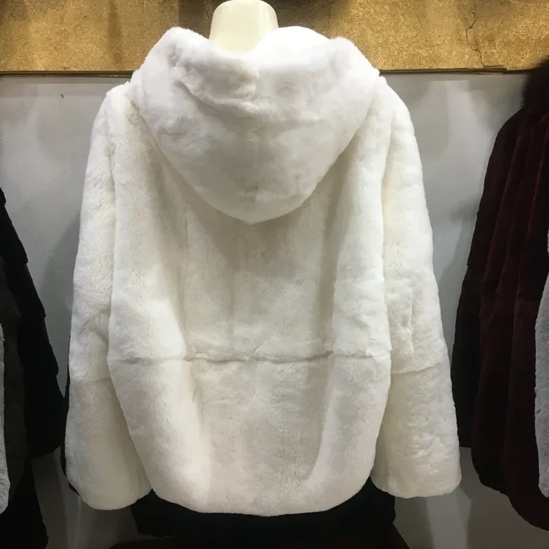 Women\'s Winter Fur Coats Rex Rabbit Fur Coat Women Clothing Casual Warm Loose Hooded Female Real Fur Jacket Casaco Feminino Lq