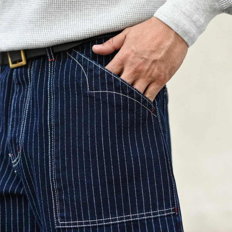 Sauce Zhan Mens Vintage Indigo Wabash Jeans Striped Selvedge Workwear Jeans - Men's American Classic Relax Fit Straight Leg 3
