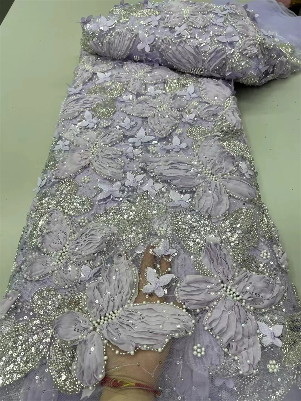 DL130145 Elegant Embroidery Lace Fabric with beads and sequins for creating stunning wedding dresses