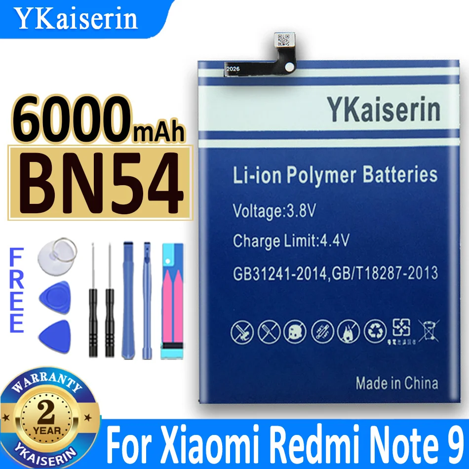 

YKaiserin Battery BN54 BN55 BN62 for XIAOMI Hongmi Redmi Note 9 Note9/note 9s/ Note 9 5G /Note 9 4G Li-onPolymer Bateria + Tools