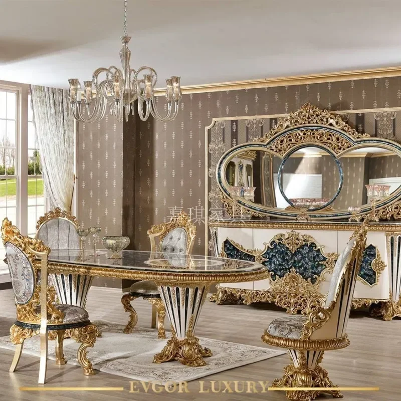 

Custom French palace villa dining table and chair combination European luxury solid wood carved high-end furniture