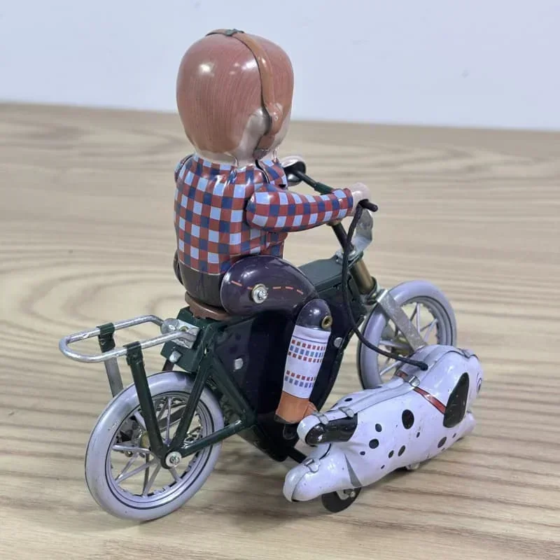 Little Hunter Riding Bike and Walking Dog Retro Nostalgic Collection Wind Up Toys Iron Crafts Ornament Clockwork Toys