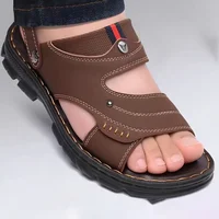 Two-Way Casual Sandals Men's Summer Outdoor Beach Shoes Slip-On Slippers Comfortable Breathable PU Leather Rubber Sole