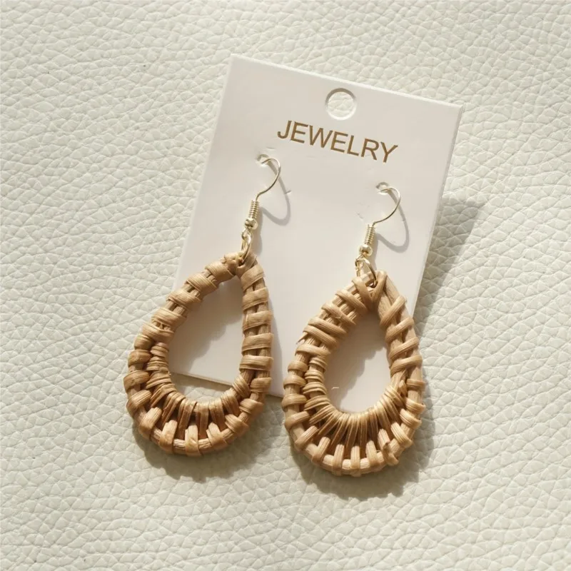Fashion Handcrafted Brown Rattan Oval Hollow Dangle Earrings for Women Wooden Holiday Style Earring Party Jewelry Gifts