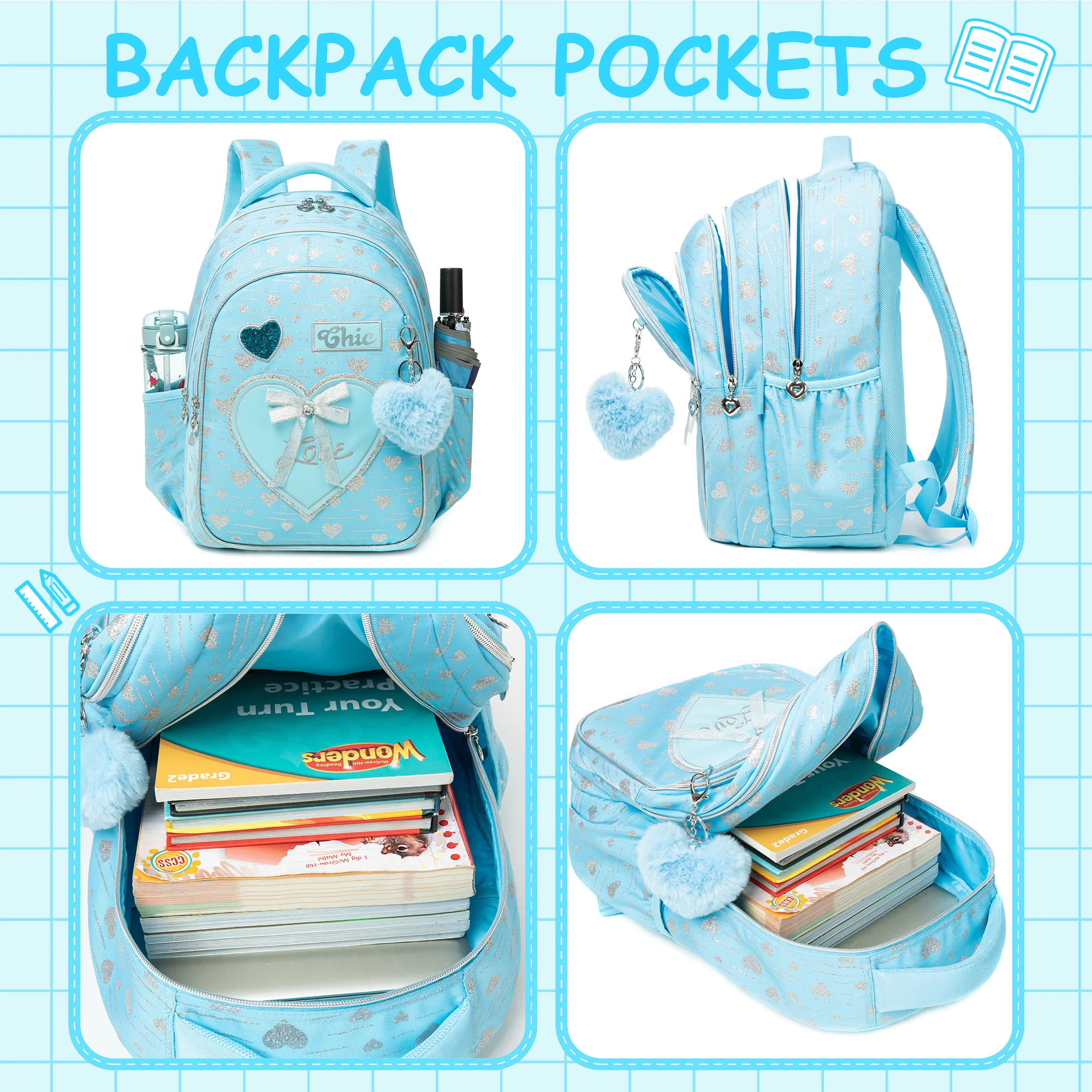 New Bowknot Ribbon Backpack Girls Backpack with Lunch Bag and Pen Bag for Elementary School for Picnic Travel Best Gift 4