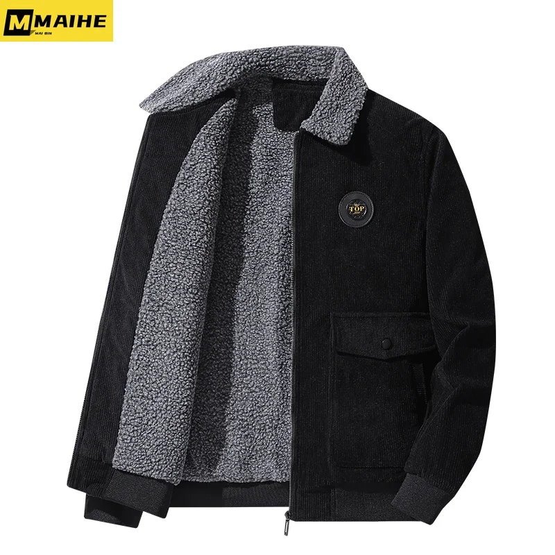 Men 2023 Winter New Fleece Warm Thick Jackets Men Fashion Fur Collar Corduroy Coat Men Autumn Outwear army green Casual Jacket M