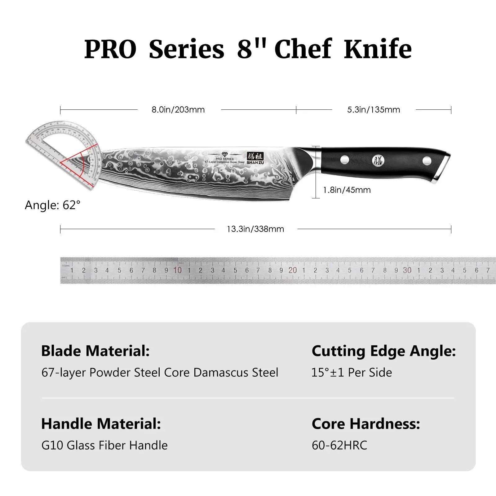 SHAN ZU Cuchillo de Cocina Damasco, 20cm Cuchillo Chef Japones de Acero  Damasco de 67 Capas