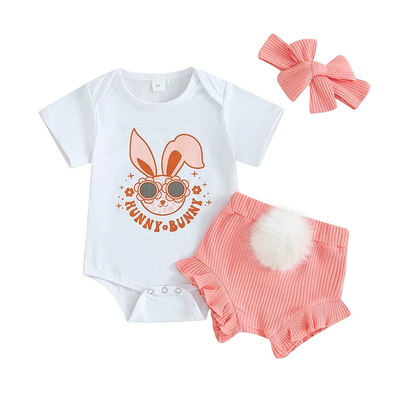 

Newborn Baby Girl Easter Outfit Hunny Bunny Short Sleeve Romper Pompom Shorts Headband 3Pcs Summer Clothes Set