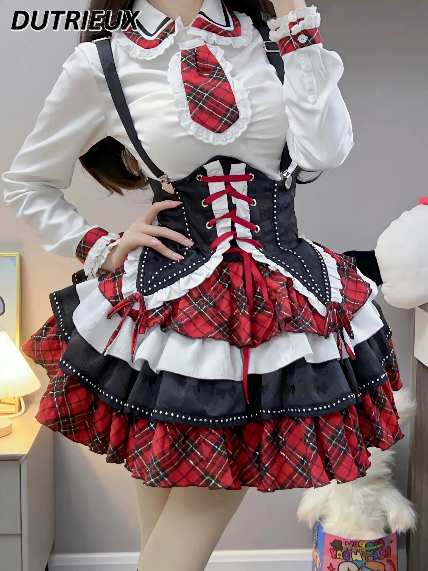 

American-Style Hot Girl Lolita Contrasting Color Black and Red Suspender Waist-Tied + White Shirt + Pettiskirt Princess Set